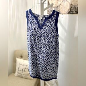 Sigrid Olsen Linen Dress Blue & White Medallion Sleeveless Size M